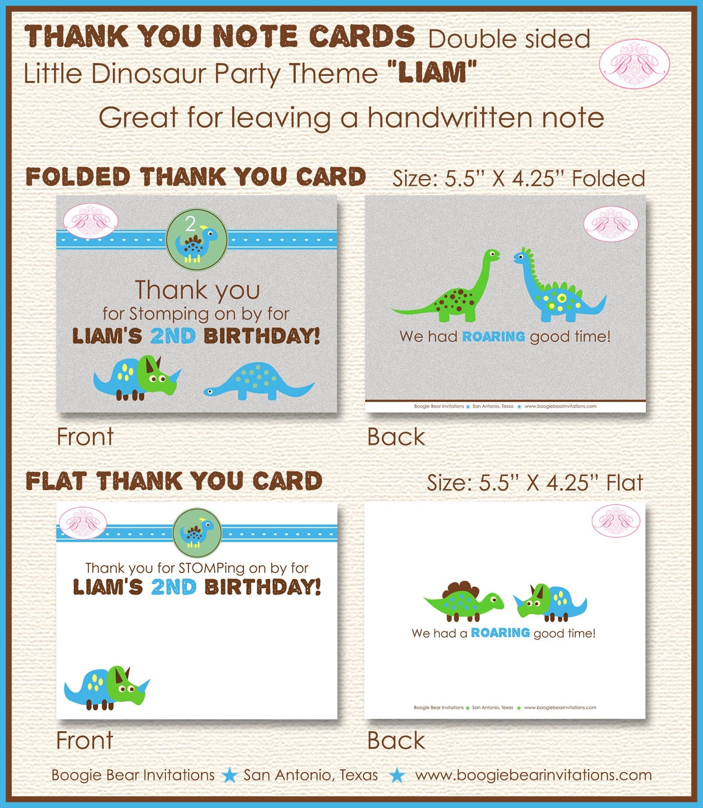 Dinosaur Birthday Party Thank You Card Favor Green Blue Brown Yellow Little Girl Boy Prehistoric Boogie Bear Invitations Liam Theme Printed