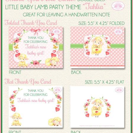 Pink Little Lamb Thank You Card Baby Shower Girl Farm Animals Sheep Flower Butterfly Garden Boogie Bear Invitations Tahlia Theme Printed