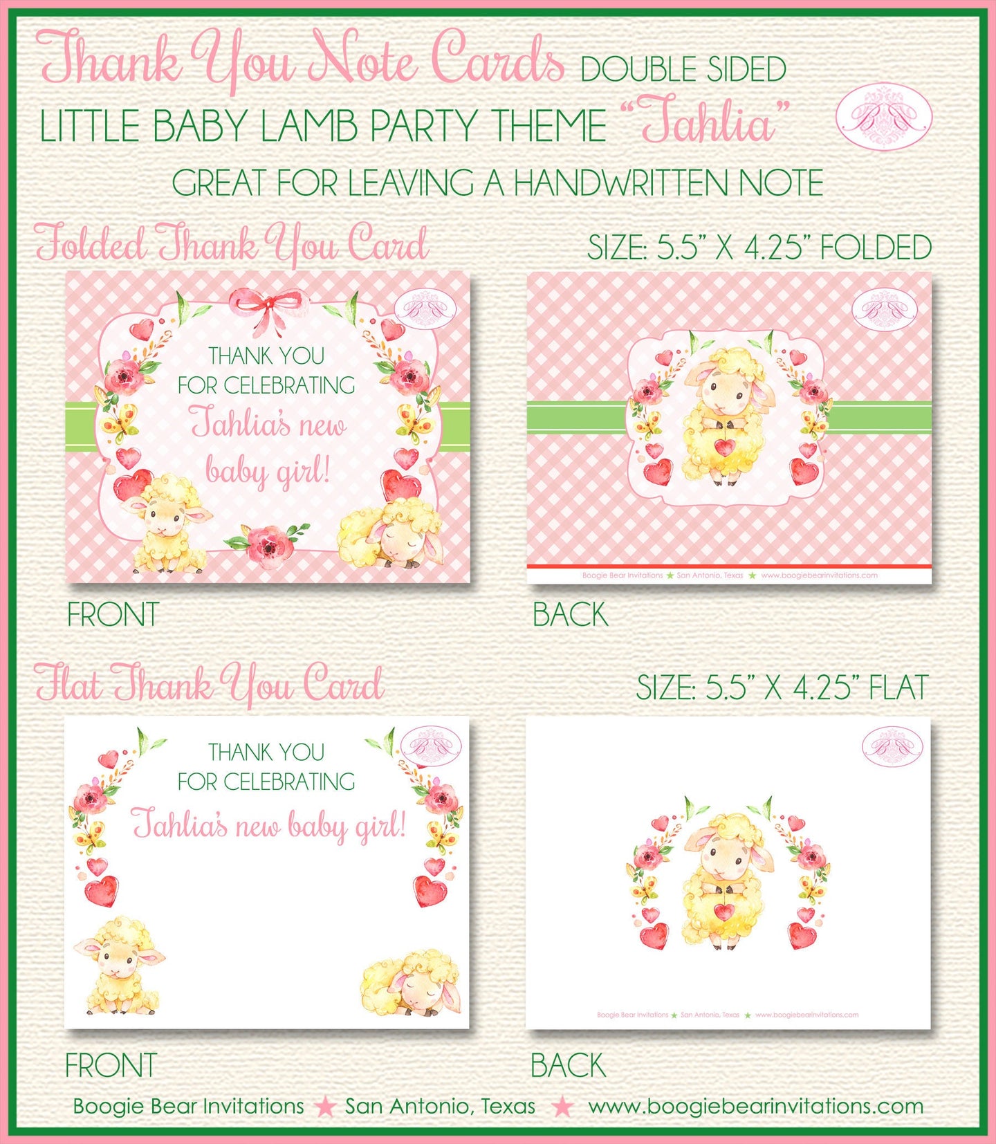 Pink Little Lamb Thank You Card Baby Shower Girl Farm Animals Sheep Flower Butterfly Garden Boogie Bear Invitations Tahlia Theme Printed