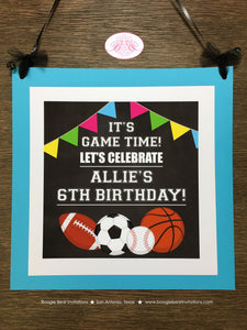 Sports Birthday Door Banner Happy Party Girl Pink Yellow Green Blue Basketball Football Soccer Baseball Boogie Bear Invitations Allie Theme