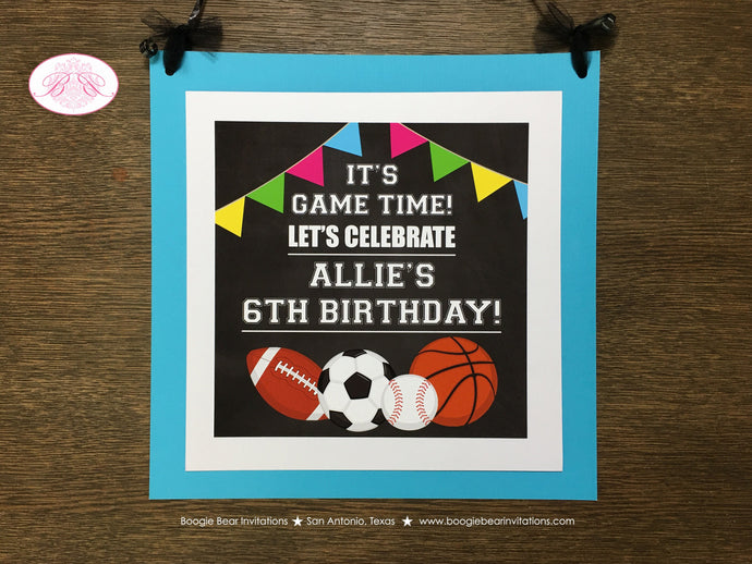 Sports Birthday Door Banner Happy Party Girl Pink Yellow Green Blue Basketball Football Soccer Baseball Boogie Bear Invitations Allie Theme