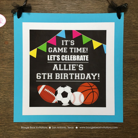 Sports Birthday Door Banner Happy Party Girl Pink Yellow Green Blue Basketball Football Soccer Baseball Boogie Bear Invitations Allie Theme
