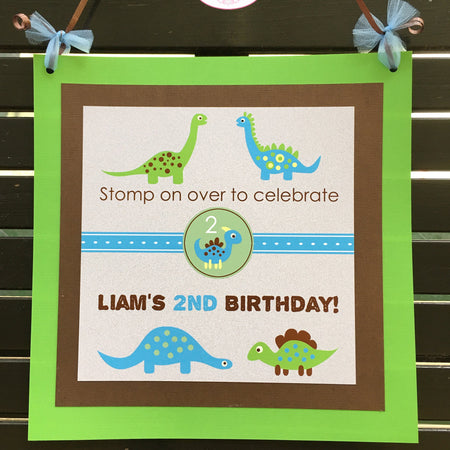 Blue Dinosaur Birthday Door Banner Party Boy Girl Green Yellow Green Brown Little Dino Brontosaurus Stomp Boogie Bear Invitations Liam Theme