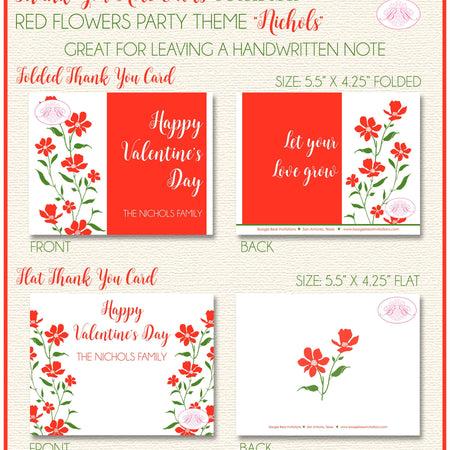 Red Flowers Valentine Thank You Card Party Day Birthday Holiday Dinner Love Green White Garden Boogie Bear Invitations Nichols Theme Printed