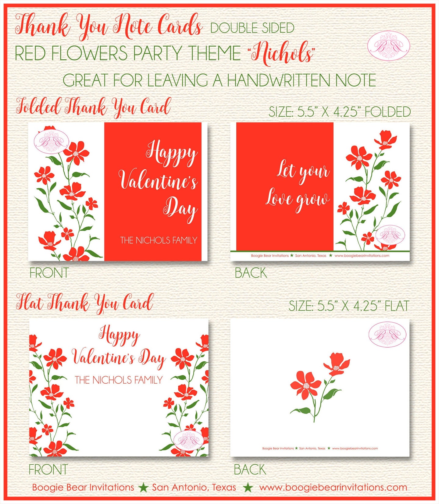 Red Flowers Valentine Thank You Card Party Day Birthday Holiday Dinner Love Green White Garden Boogie Bear Invitations Nichols Theme Printed