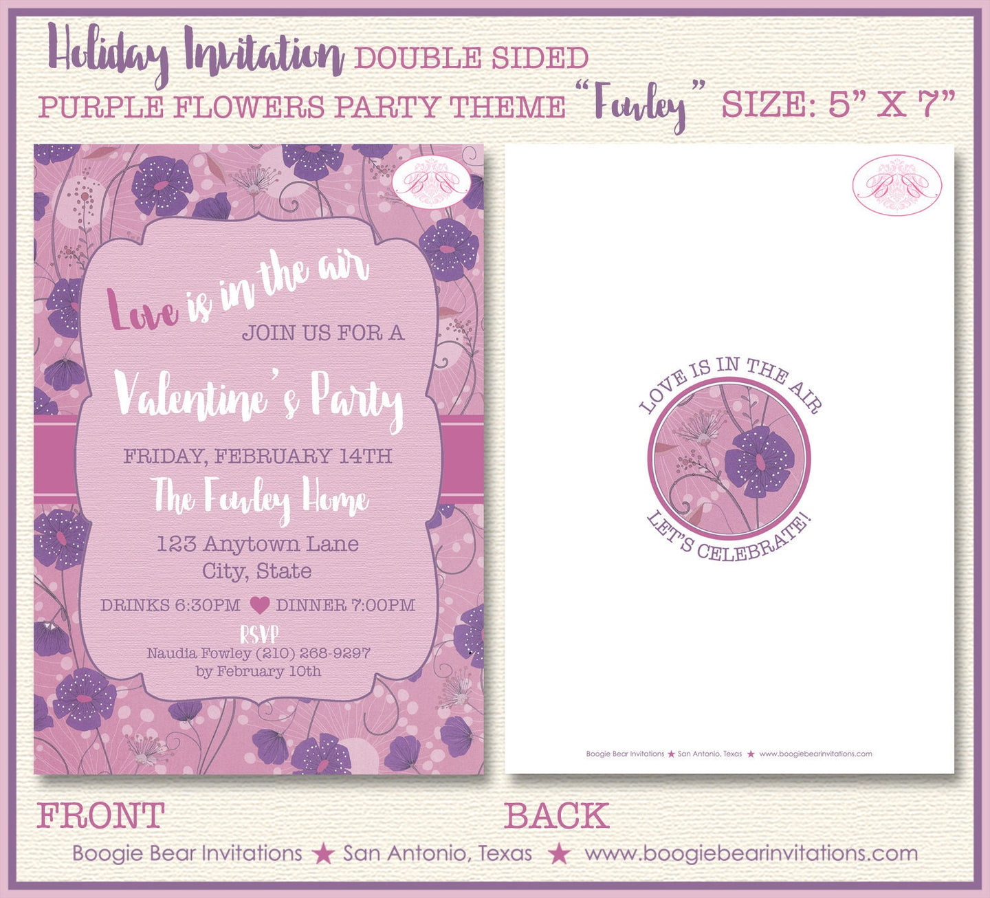 Lavender Flowers Valentine's Day Invitation Party Pink Purple Flower Garden Boogie Bear Invitations Fowley Theme Paperless Printable Printed