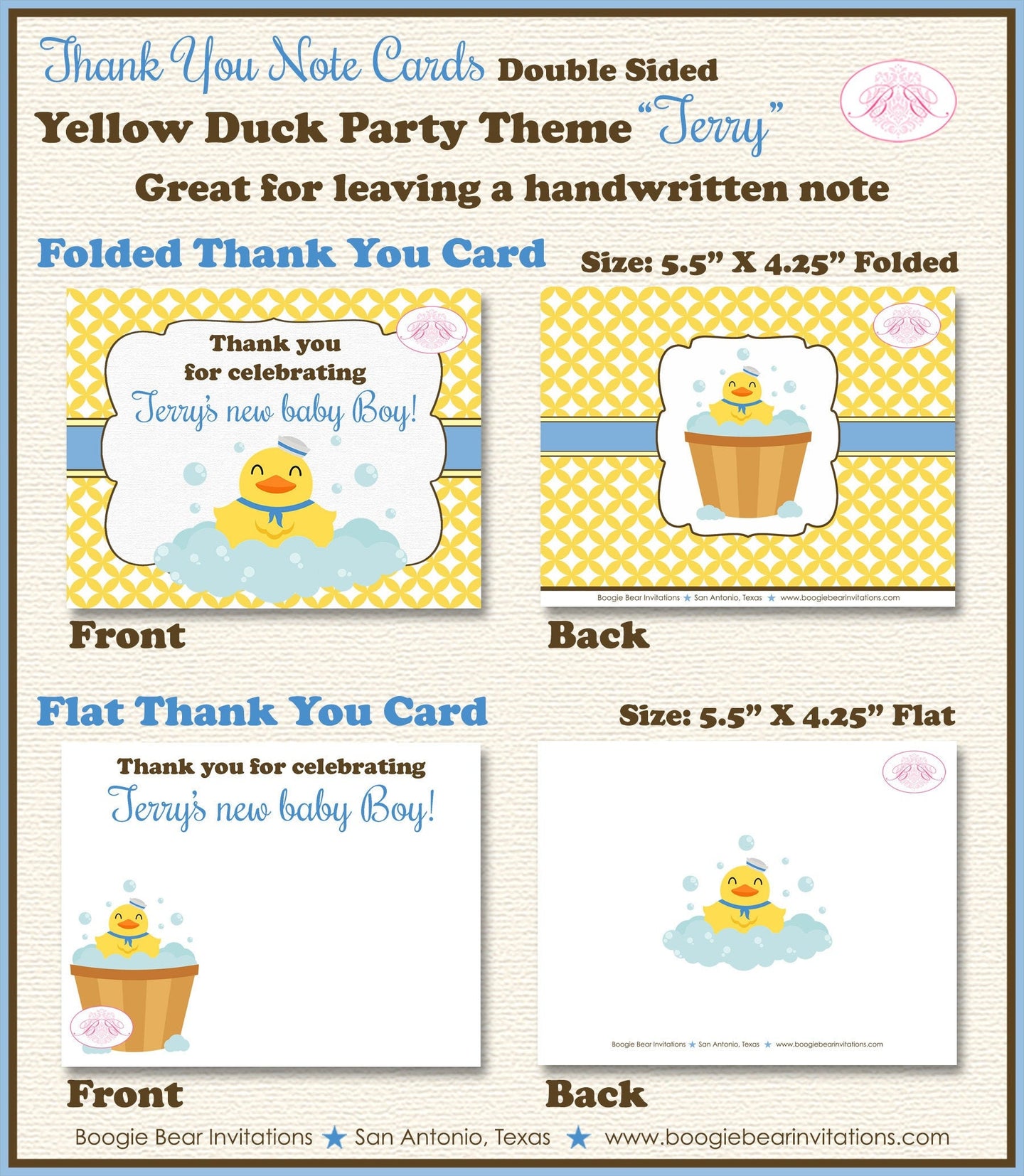 Yellow Rubber Duck Thank You Card Baby Shower Birthday Party Little Duckie Ducky Boy Blue 1st Boogie Bear Invitations Terry Theme Printed