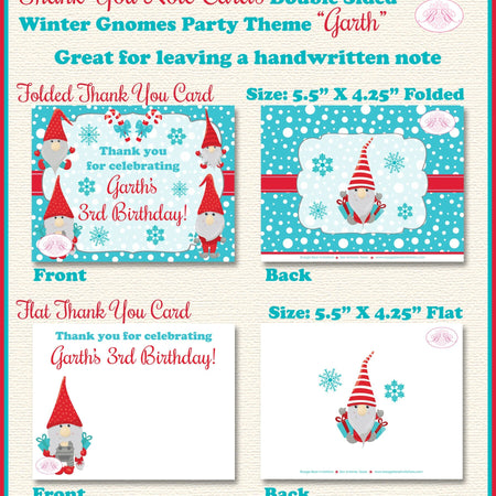 Winter Gnomes Party Thank You Cards Birthday Snowflake Red Christmas Girl Boy 1st 2nd 3rd 4th Boogie Bear Invitations Garth Theme Printed