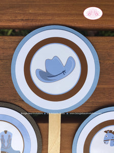 Blue Cowboy Baby Shower Cupcake Toppers Hat Boots Circle Outlaw Sheriff Brown Horse Wild West Country Boogie Bear Invitations Tanner Theme