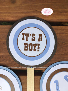 Blue Cowboy Baby Shower Cupcake Toppers Hat Boots Circle Outlaw Sheriff Brown Horse Wild West Country Boogie Bear Invitations Tanner Theme