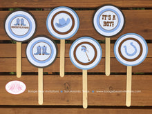 Load image into Gallery viewer, Blue Cowboy Baby Shower Cupcake Toppers Hat Boots Circle Outlaw Sheriff Brown Horse Wild West Country Boogie Bear Invitations Tanner Theme