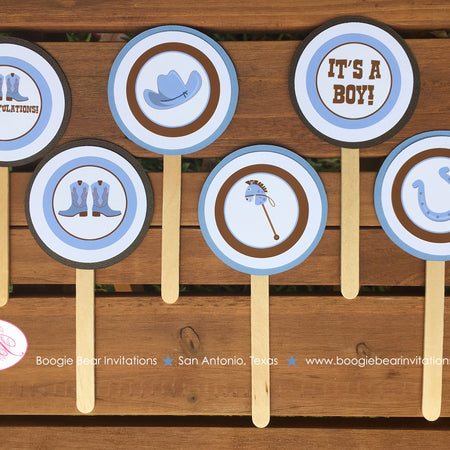 Blue Cowboy Baby Shower Cupcake Toppers Hat Boots Circle Outlaw Sheriff Brown Horse Wild West Country Boogie Bear Invitations Tanner Theme