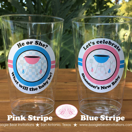 BBQ Reveal Baby Shower Beverage Cups Plastic Drink Grill Q Party Black Pink Blue Boy Girl Barbecue 1st Boogie Bear Invitations Shannon Theme