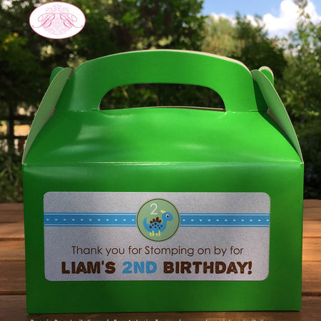 Dinosaur Birthday Party Treat Boxes Favor Tag Green Blue Yellow Brown Little Girl Boy Jurassic Roar Stomp Boogie Bear Invitations Liam Theme