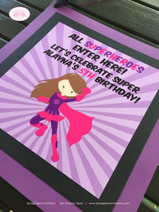 Super Girl Happy Birthday Door Banner Superhero Pink Purple Pow Bam Supergirl Comic Hero Power Flying Boogie Bear Invitations Alayna Theme