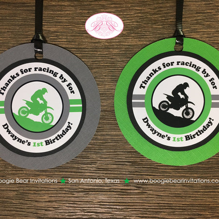 Green Dirt Bike Birthday Party Favor Tags Black Grey Boy Girl Motorcycle Motocross Enduro Sports Racing Boogie Bear Invitations Dwayne Theme