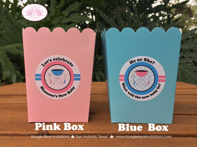 BBQ Reveal Party Popcorn Boxes Mini Favor Food Buffet Appetizer Baby Shower Pink Blue Grill Boy Girl Boogie Bear Invitations Shannon Theme