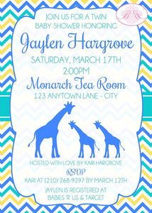 Twin Baby Giraffe Shower Party Invitation Boy Girl Silhouette Aqua Blue Boogie Bear Invitations Jaylen Theme Paperless Printable Printed