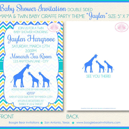 Twin Baby Giraffe Shower Party Invitation Boy Girl Silhouette Aqua Blue Boogie Bear Invitations Jaylen Theme Paperless Printable Printed