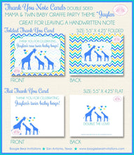 Load image into Gallery viewer, Twin Baby Giraffe Thank You Card Baby Shower Boy Girl Silhouette Blue Yellow Aqua Turquoise Zoo Boogie Bear Invitations Jaylen Theme Printed