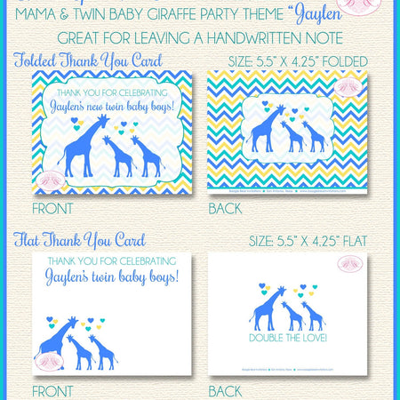 Twin Baby Giraffe Thank You Card Baby Shower Boy Girl Silhouette Blue Yellow Aqua Turquoise Zoo Boogie Bear Invitations Jaylen Theme Printed