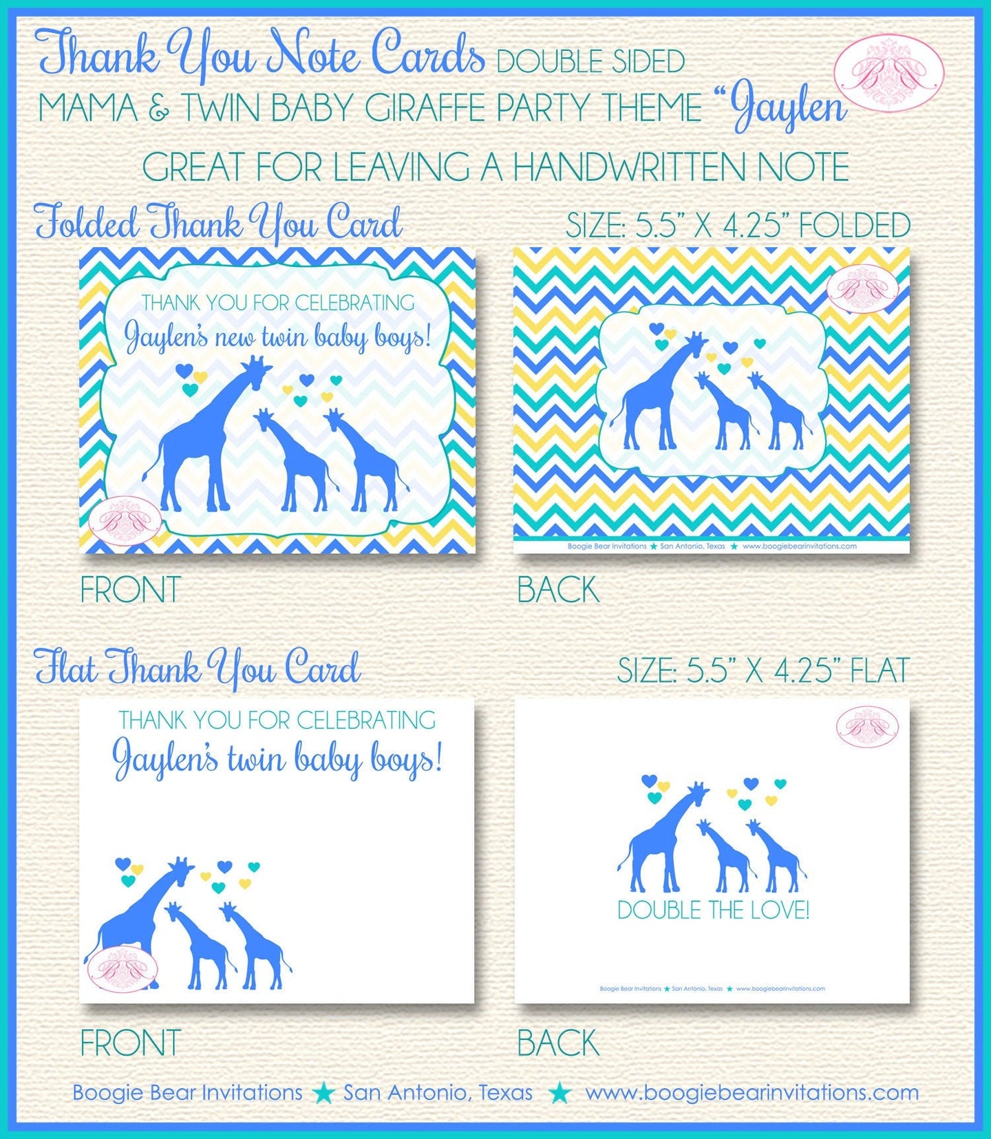 Twin Baby Giraffe Thank You Card Baby Shower Boy Girl Silhouette Blue Yellow Aqua Turquoise Zoo Boogie Bear Invitations Jaylen Theme Printed
