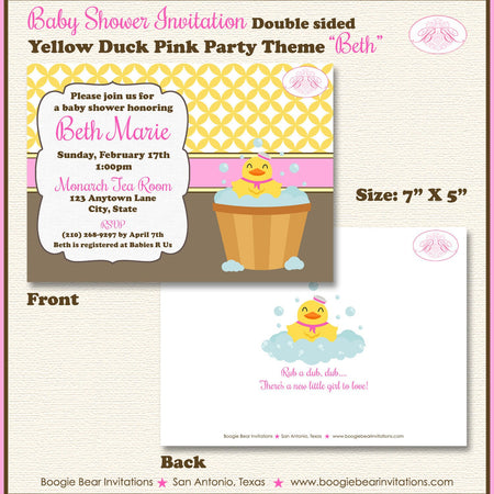 Yellow Rubber Duck Baby Shower Invitation Little Duckie Ducky Pink Girl Bath Boogie Bear Invitations Beth Theme Paperless Printable Printed
