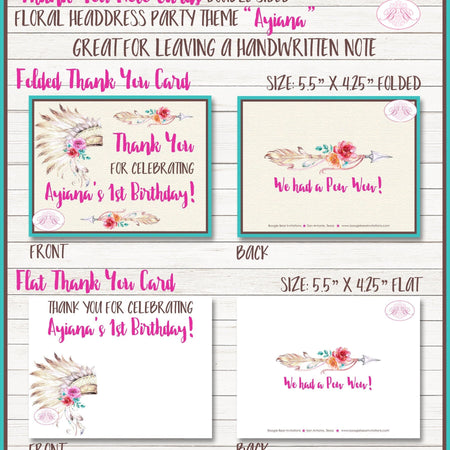 Pink Headdress Party Thank You Card Birthday Girl Teepee Arrow Tipi Wild One Indian Camping Kid Boogie Bear Invitations Ayiana Theme Printed