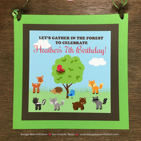 Woodland Animals Birthday Party Door Banner Pink Girl Forest Fox Bird Bear Skunk Hedgehog Deer Moose Boogie Bear Invitations Heather Theme