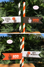 Load image into Gallery viewer, Halloween Party Straws Pennant Paper Birthday Haunted House Orange Black Bat Full Moon Spooky Modern Boogie Bear Invitations Hitchcock Theme