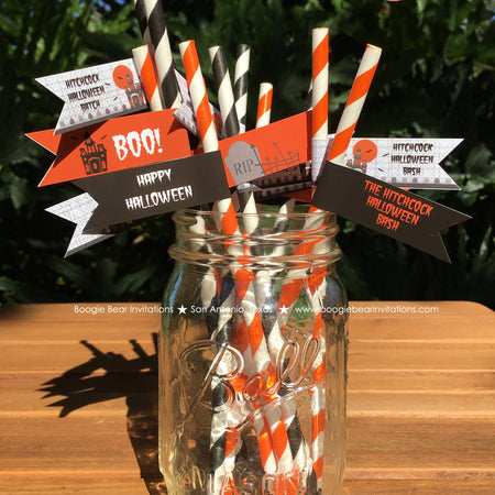 Halloween Party Straws Pennant Paper Birthday Haunted House Orange Black Bat Full Moon Spooky Modern Boogie Bear Invitations Hitchcock Theme