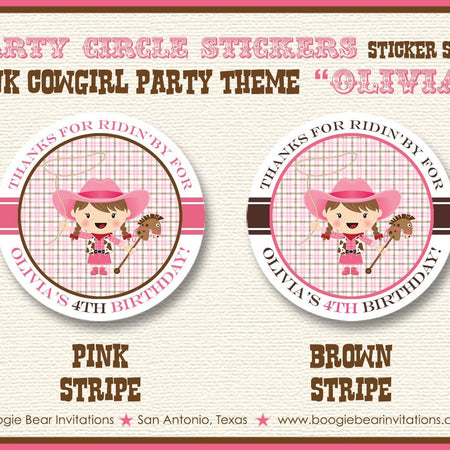 Pink Cowgirl Birthday Party Stickers Circle Sheet Round Circle Girl Up Brown Country Farm Barn Horse Boogie Bear Invitations Olivia Theme