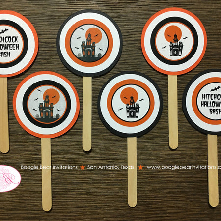 Haunted House Party Cupcake Toppers Halloween Birthday Spooky Full Moon Haunting Bats Black Orange Boogie Bear Invitations Hitchcock Theme