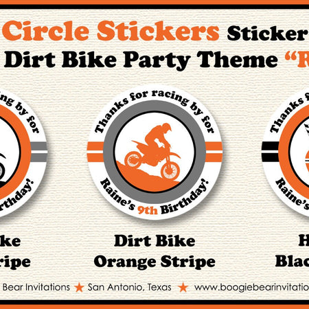 Orange Dirt Bike Birthday Party Stickers Circle Sheet Round Boy Girl Enduro Motocross Motorcycle Racing Boogie Bear Invitations Raine Theme