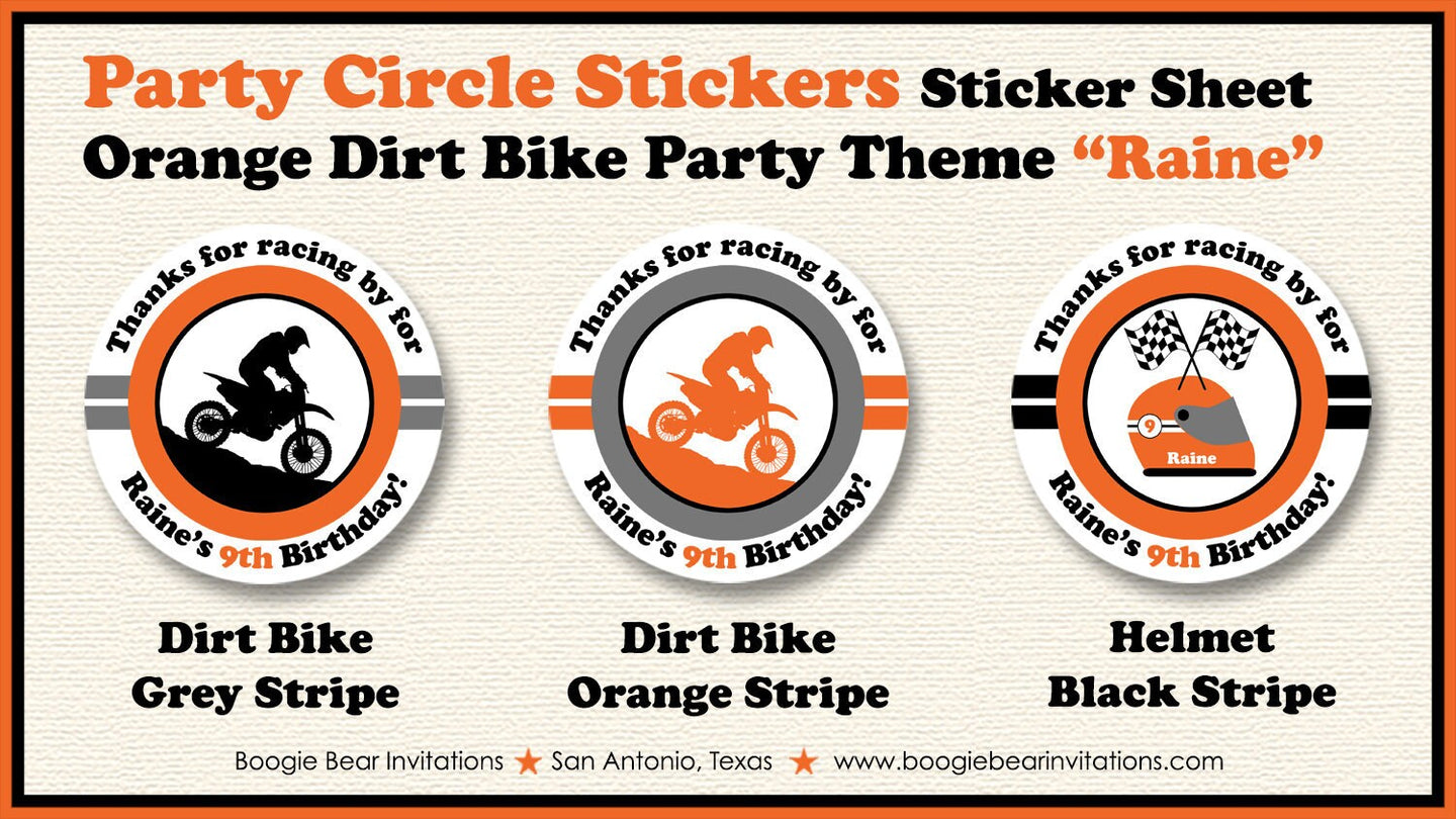 Orange Dirt Bike Birthday Party Stickers Circle Sheet Round Boy Girl Enduro Motocross Motorcycle Racing Boogie Bear Invitations Raine Theme