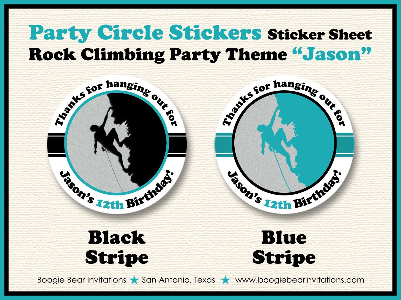 Rock Climbing Birthday Party Stickers Circle Sheet Round Black Aqua Teal Turquoise Blue Boy Girl Sports Boogie Bear Invitations Jason Theme