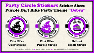 Purple Dirt Bike Birthday Party Stickers Circle Sheet Round Girl Enduro Motocross Motorcycle Racing Race Boogie Bear Invitations Debra Theme