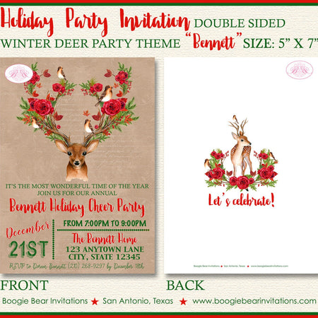 Christmas Deer Winter Party Invitation Rose Birds Autumn Woodland Animals Boogie Bear Invitations Bennett Theme Paperless Printable Printed