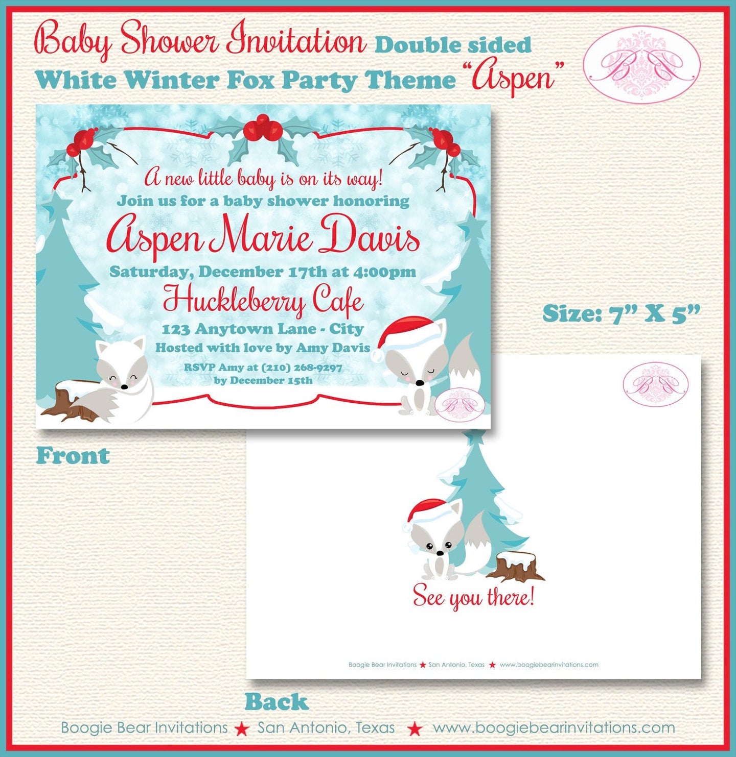Woodland Winter Fox Baby Shower Invitation Christmas Holiday Snow White Red Boogie Bear Invitations Aspen Theme Paperless Printable Printed