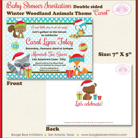 Woodland Animals Baby Shower Invitation Christmas Fox Owl Birthday Party 1st Boogie Bear Invitations Carol Theme Paperless Printable Printed