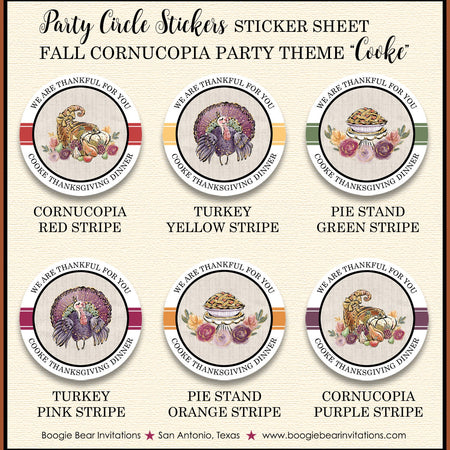 Thanksgiving Party Stickers Circle Sheet Birthday Cornucopia Bounty Turkey Formal Floral Fall Autumn Tag Boogie Bear Invitations Cooke Theme
