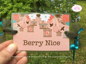 Garden Birds Party Beverage Card Drink Label Sign Wrap Birthday Girl Coral Teal Forest Outdoor Picnic Boogie Bear Invitations Coralee Theme