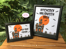Load image into Gallery viewer, Haunted House Halloween Party Sign Poster Paper Frameable Full Moon Haunting Birthday Orange Black Boogie Bear Invitations Hitchcock Theme