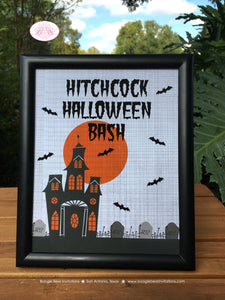 Haunted House Halloween Party Sign Poster Paper Frameable Full Moon Haunting Birthday Orange Black Boogie Bear Invitations Hitchcock Theme