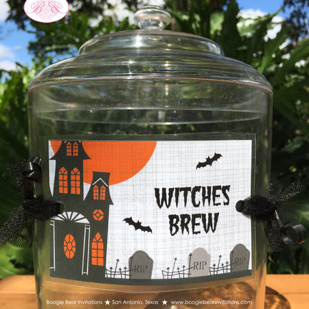 Halloween Party Beverage Card Birthday Drink Label Sign Wrap Haunted House Orange Black Full Moon Boogie Bear Invitations Hitchcock Theme