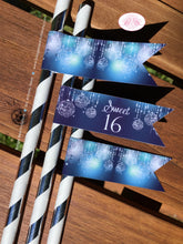 Load image into Gallery viewer, Blue Glowing Ornament Party Straws Paper Pennant Birthday Christmas Navy Sweet Sixteen Snow Star Light Boogie Bear Invitations Krista Theme