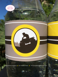 ATV Birthday Party Bottle Wraps Wrappers Cover Label Yellow Black All Terrain Vehicle Quad 4 Wheeler Boogie Bear Invitations Breck Theme