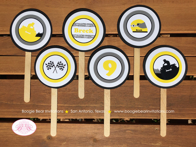 ATV Birthday Party Cupcake Toppers Yellow Black Boy Girl All Terrain Vehicle Quad 4 Wheeler Off Road Kid Boogie Bear Invitations Breck Theme