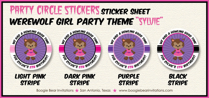 Werewolf Girl Party Circle Stickers Birthday Sheet Round Purple Pink Black Full Moon Forest Halloween Boogie Bear Invitations Sylvie Theme