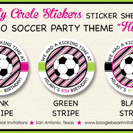 Soccer Birthday Party Stickers Circle Sheet Round Girl Pink Black Goal Team Game Sports Ball Goalie Tag Boogie Bear Invitations Hilary Theme